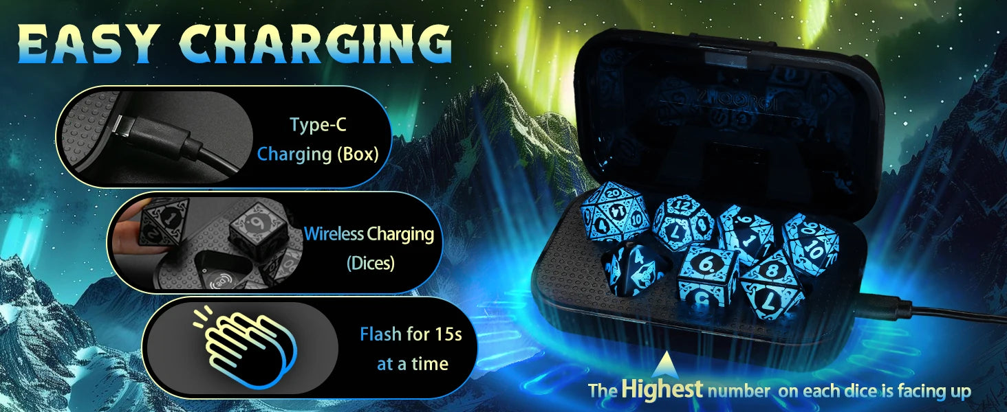 LED DND Dice Set – Wireless Charging RGB Light-Up Polyhedral Dice for Dungeons & Dragons & RPG Games
