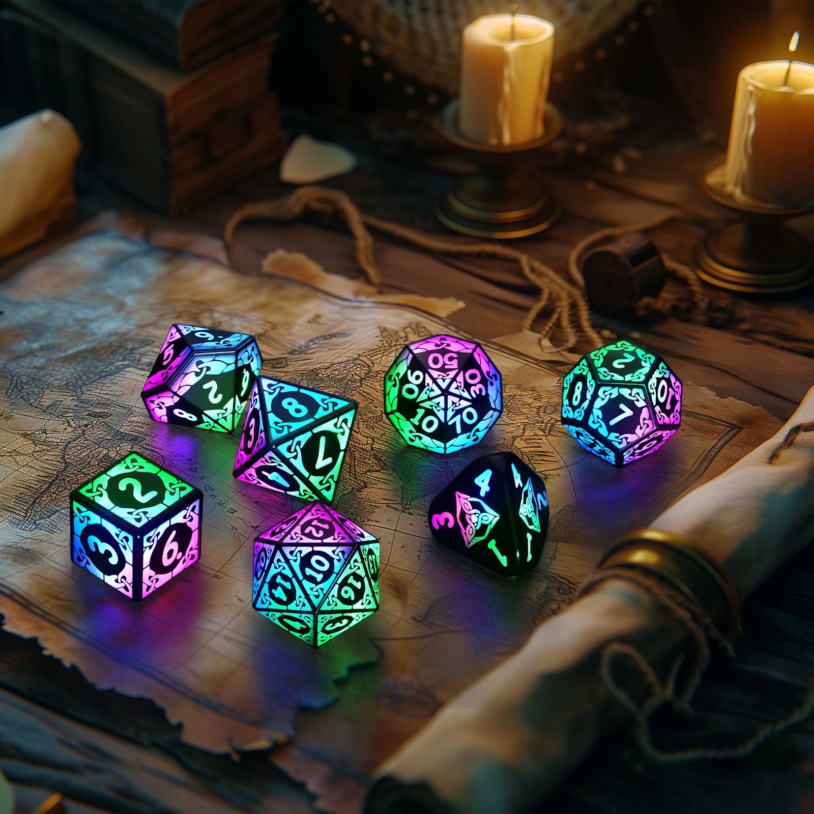 LED DND Dice Set – Wireless Charging RGB Light-Up Polyhedral Dice for Dungeons & Dragons & RPG Games