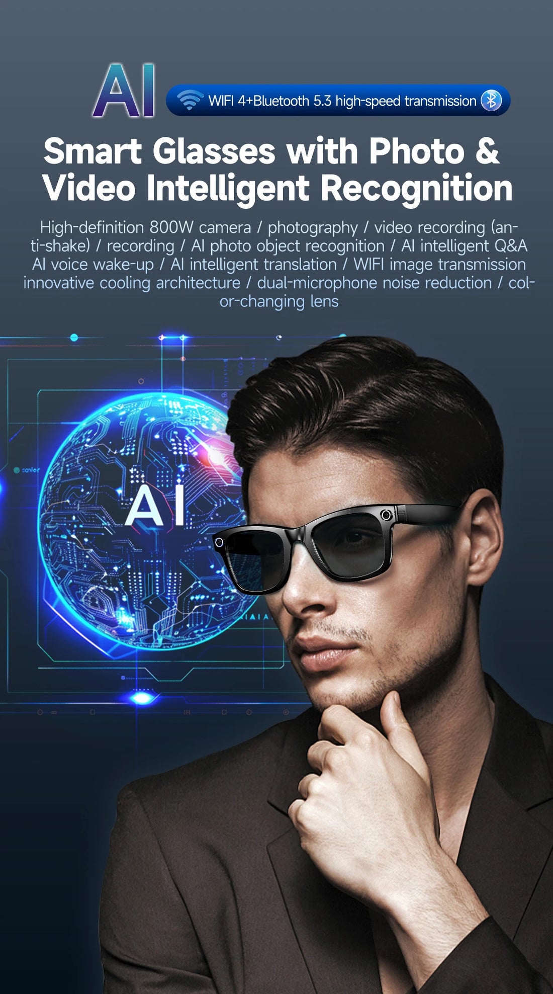 AI Smart Glasses 8MP Camera 100+ Language Translation Audio