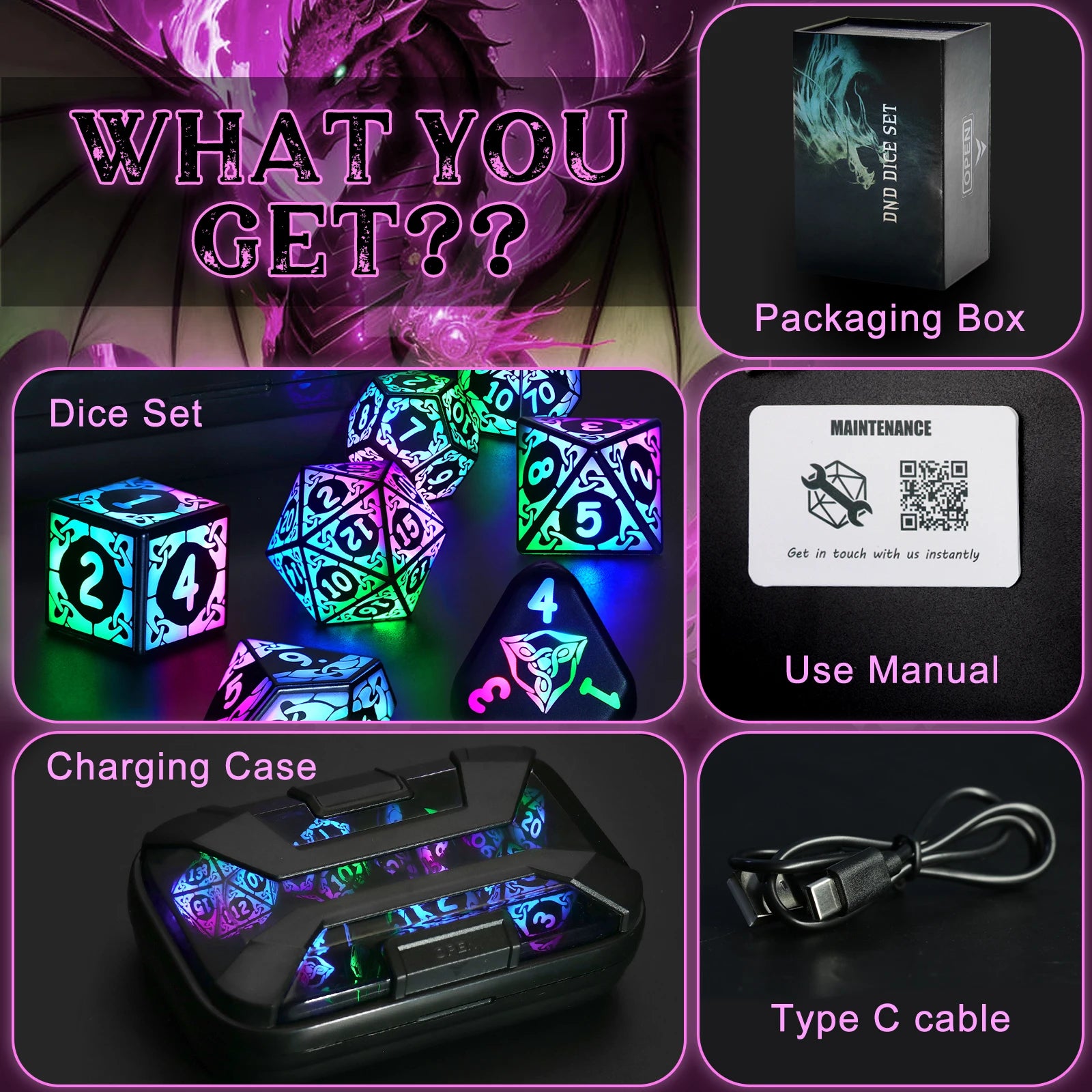 LED DND Dice Set – Wireless Charging RGB Light-Up Polyhedral Dice for Dungeons & Dragons & RPG Games