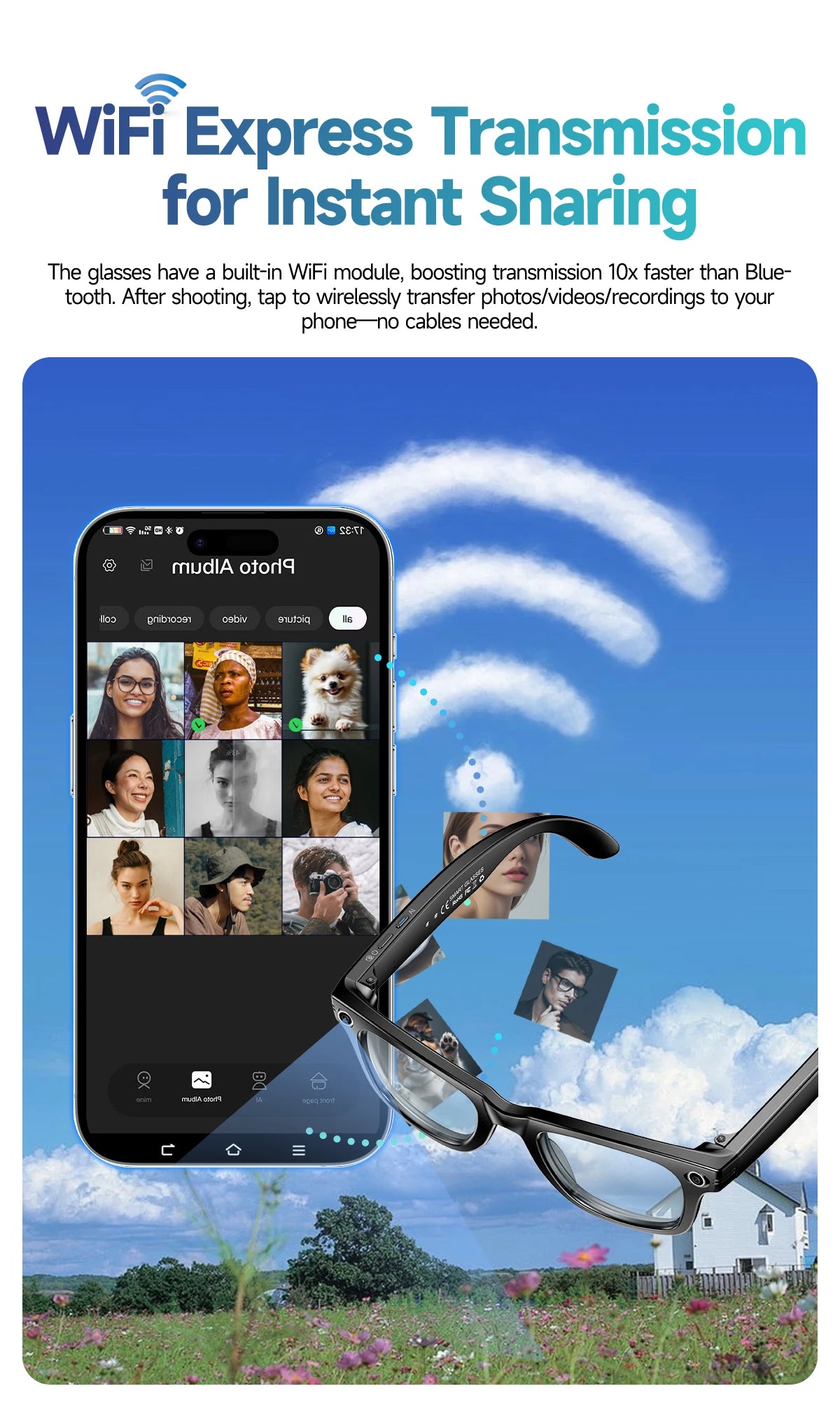 AI Smart Glasses 8MP Camera 100+ Language Translation Audio