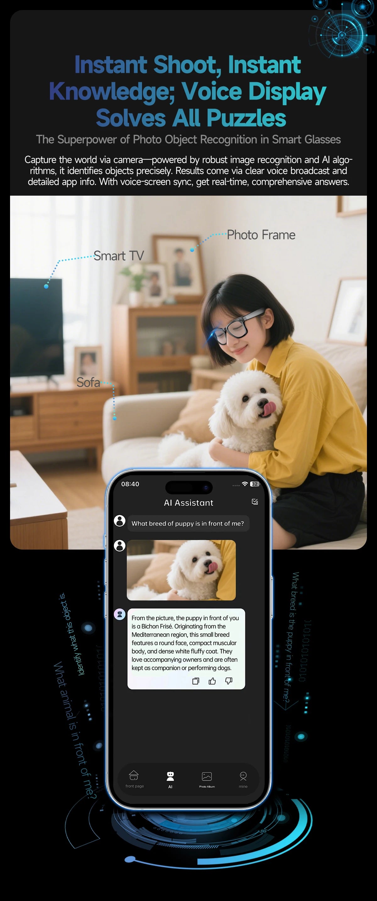 AI Smart Glasses 8MP Camera 100+ Language Translation Audio