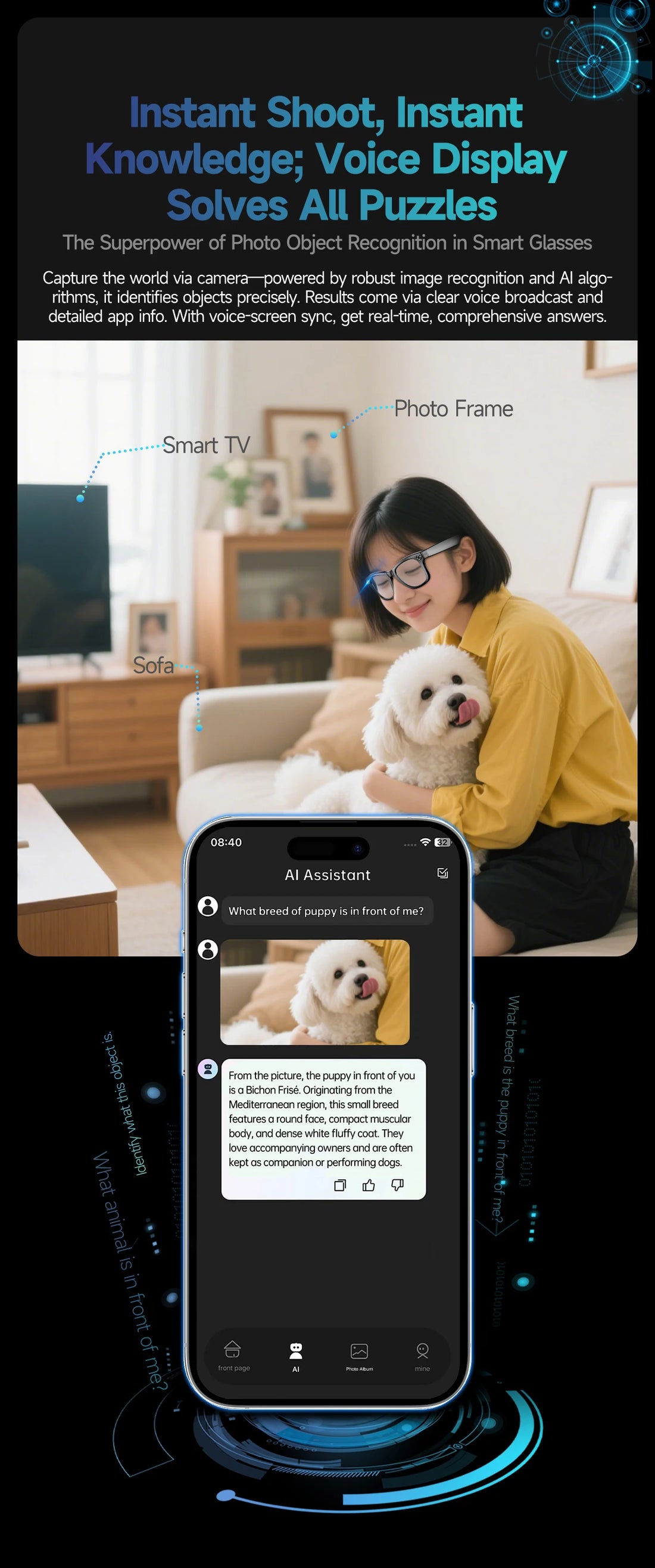 AI Smart Glasses 8MP Camera 100+ Language Translation Audio