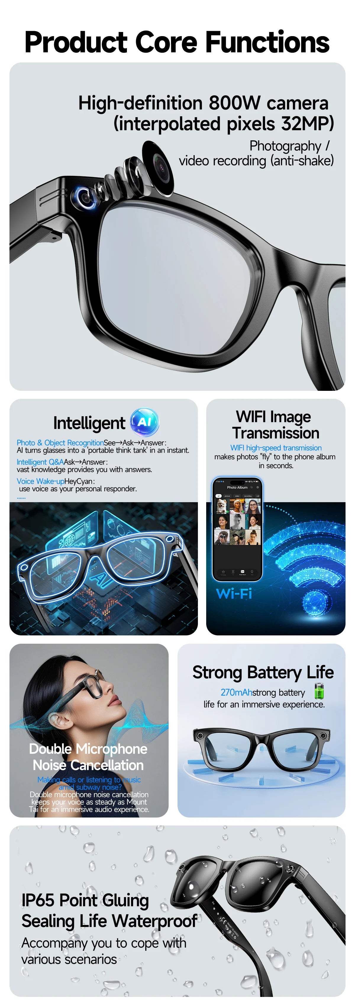 AI Smart Glasses 8MP Camera 100+ Language Translation Audio