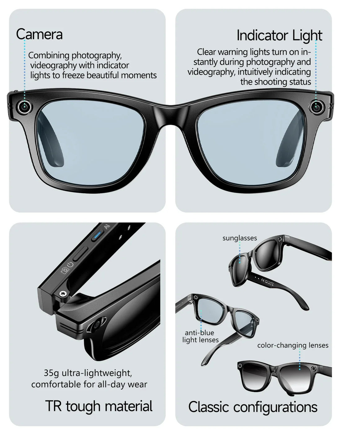 AI Smart Glasses 8MP Camera 100+ Language Translation Audio