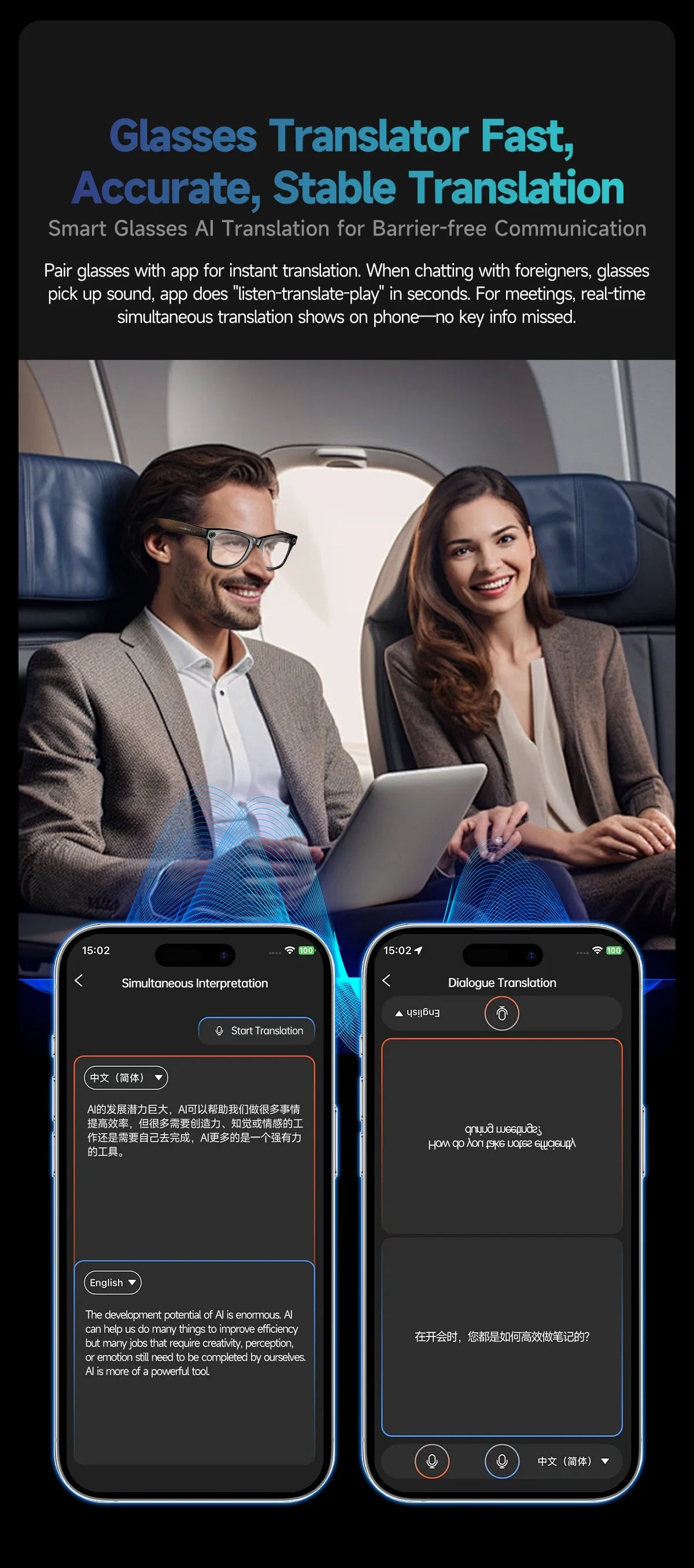 AI Smart Glasses 8MP Camera 100+ Language Translation Audio