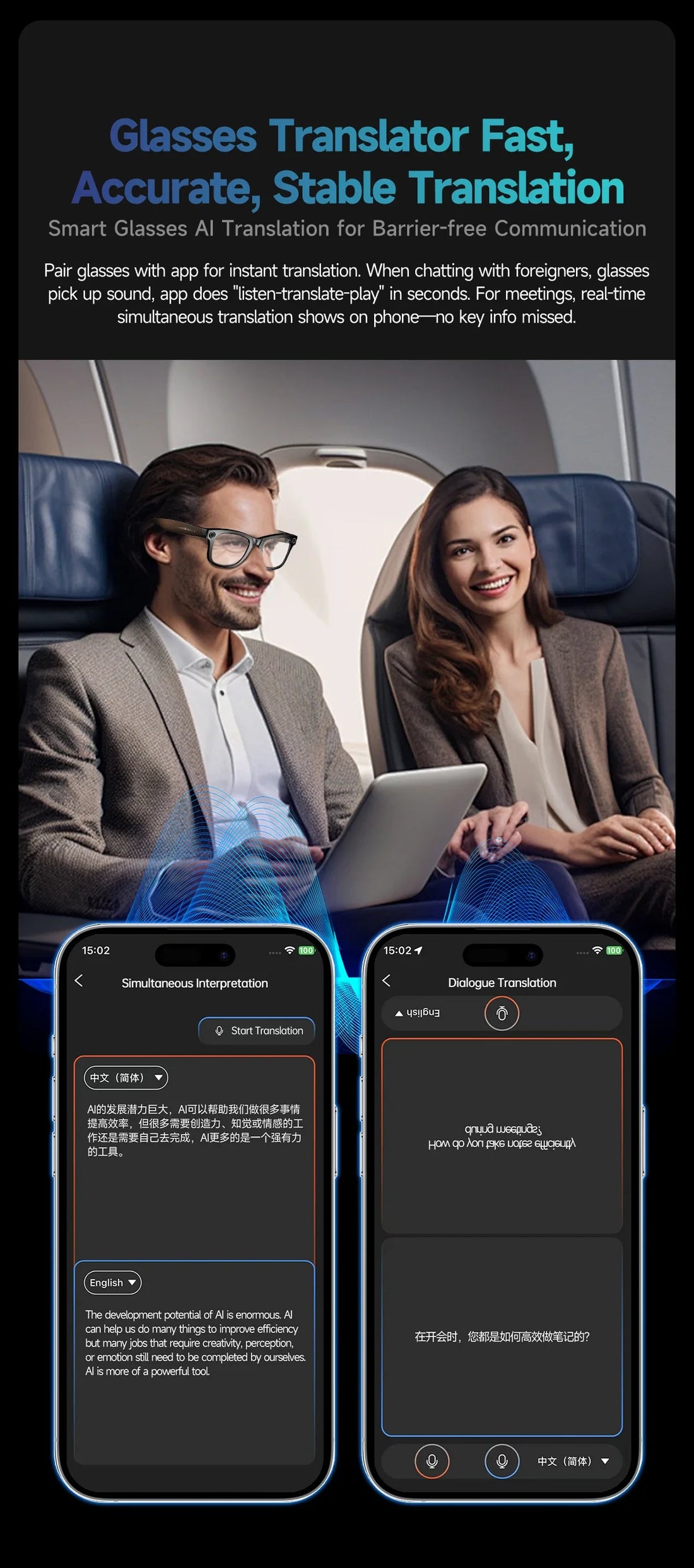 AI Smart Glasses 8MP Camera 100+ Language Translation Audio