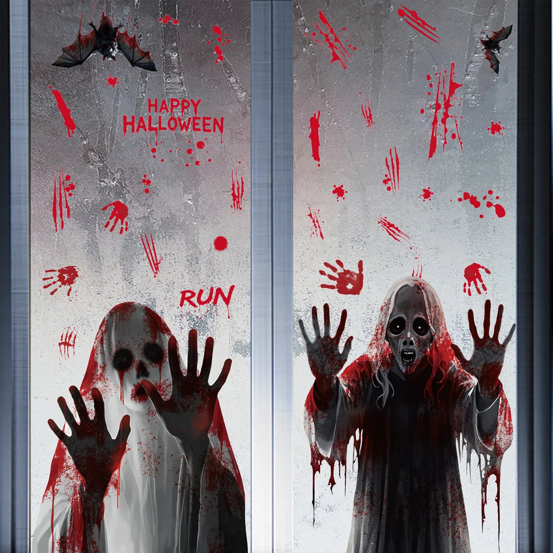 Halloween Static Cling Stickers Scary Ghost Woman Bloody Handprint Window Decals Spooky Party Home Decor Horror Decorations