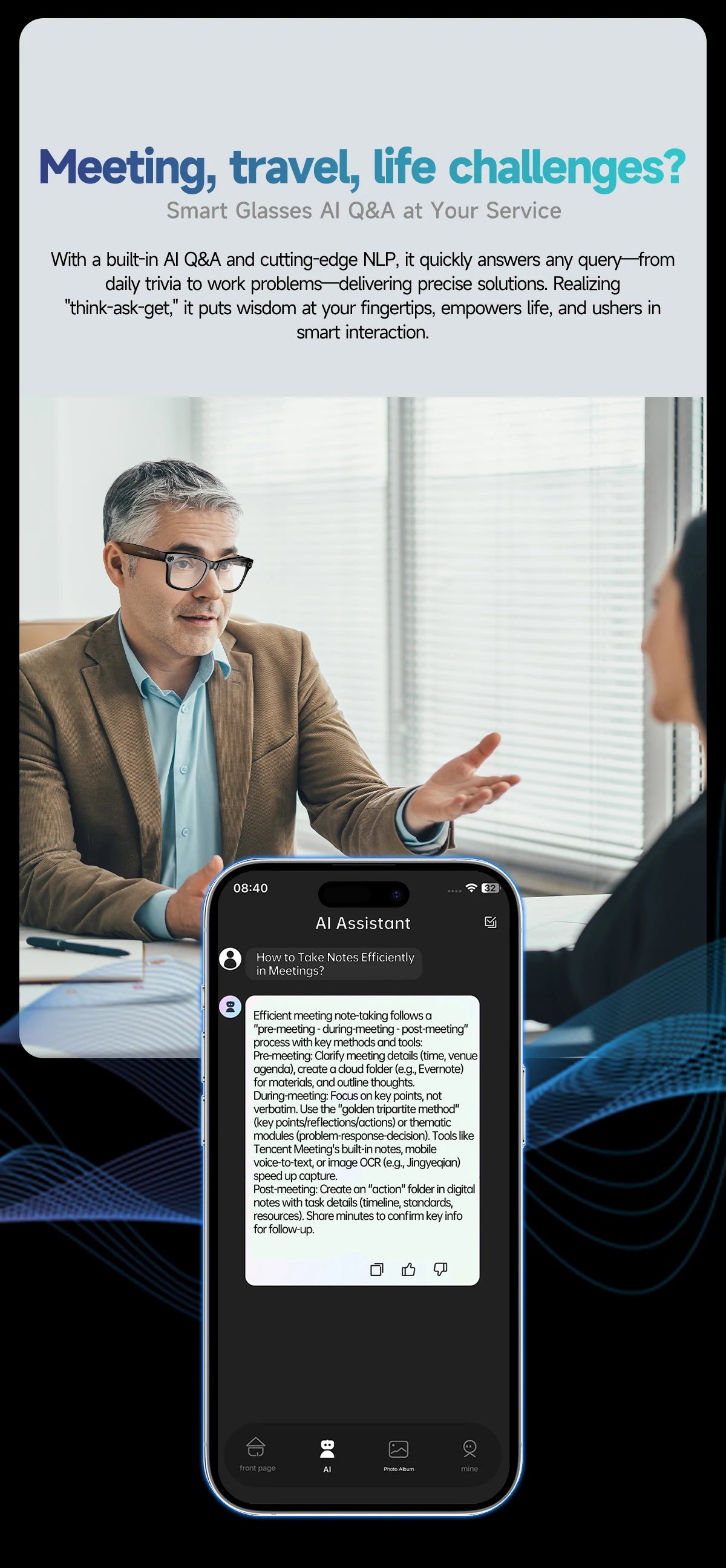 AI Smart Glasses 8MP Camera 100+ Language Translation Audio