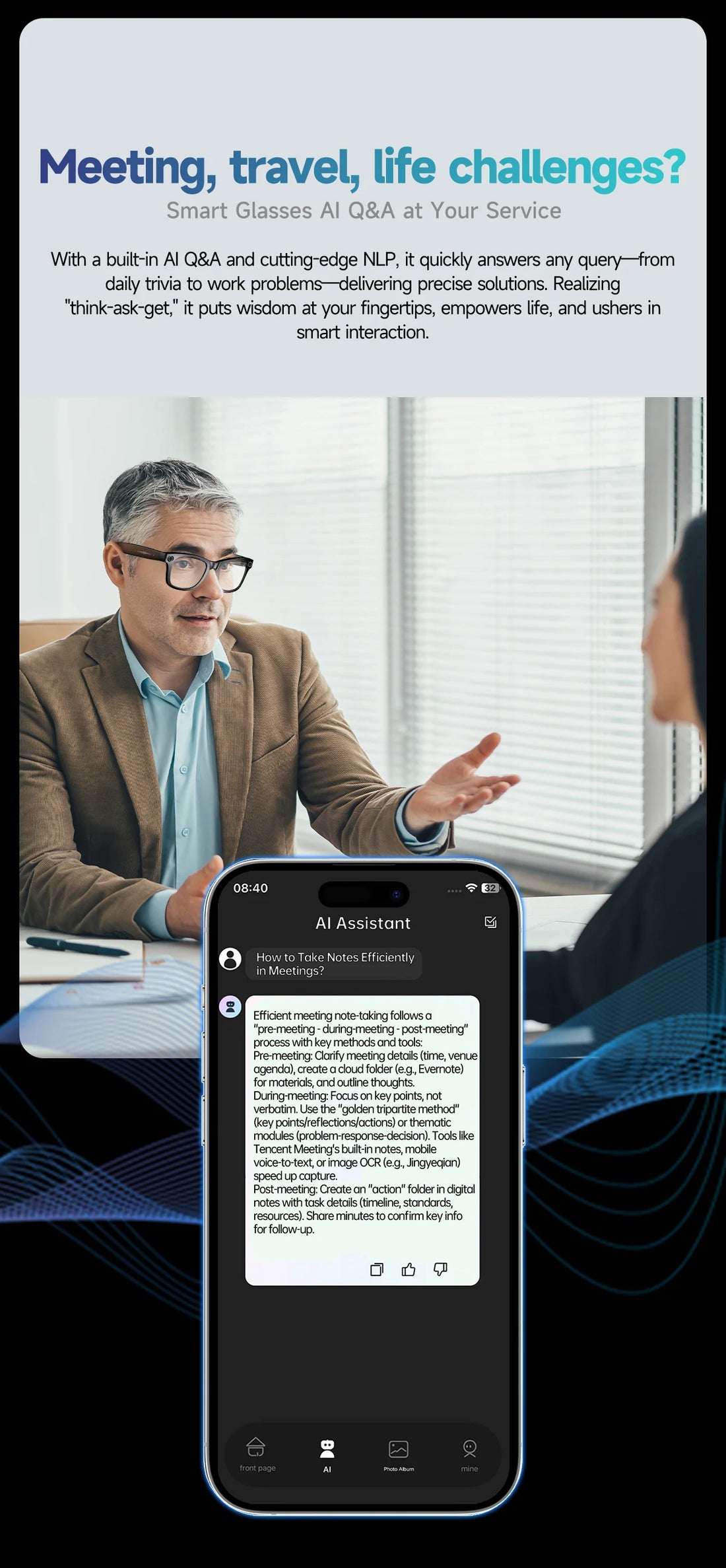 AI Smart Glasses 8MP Camera 100+ Language Translation Audio
