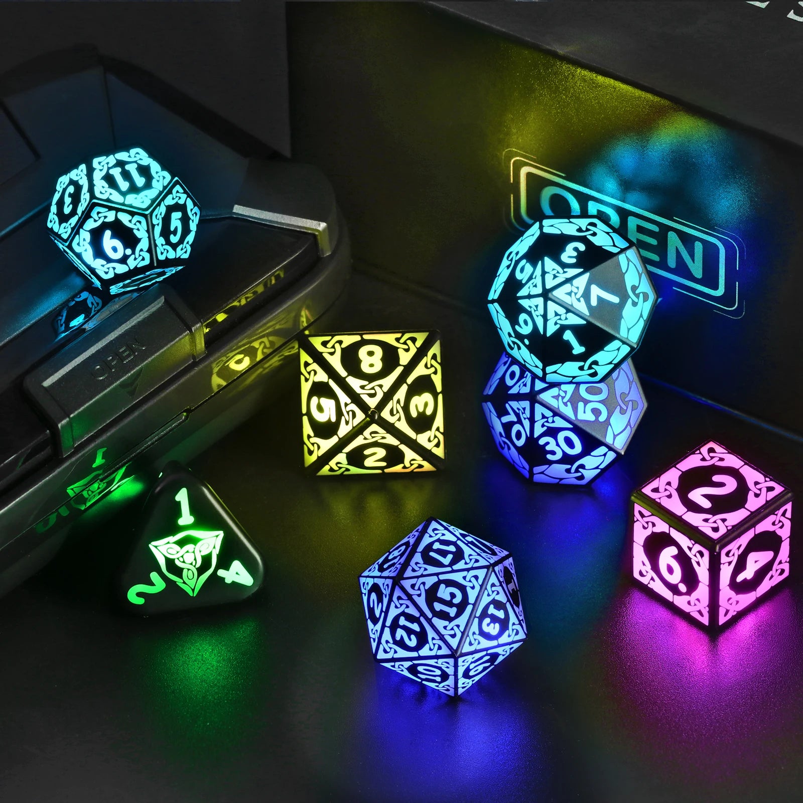 LED DND Dice Set – Wireless Charging RGB Light-Up Polyhedral Dice for Dungeons & Dragons & RPG Games
